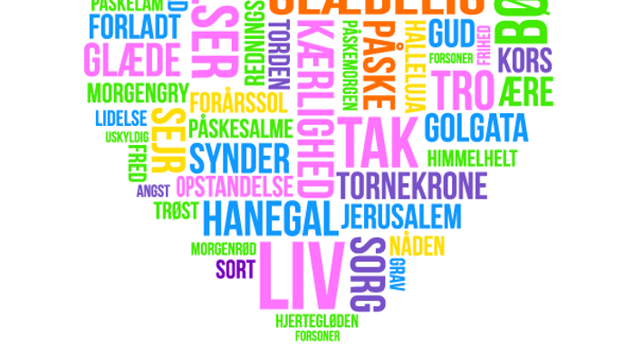 Billedet viser et hjerteformet ordsprog med danske ord.