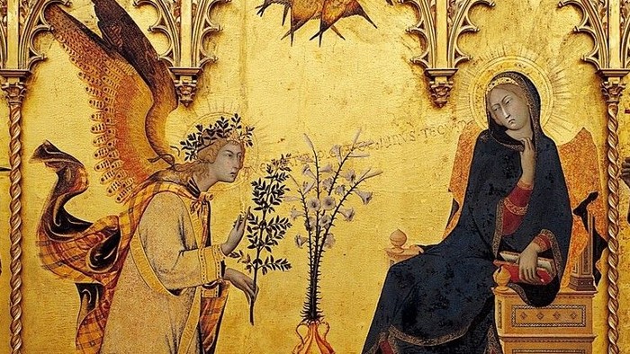 Das Bild zeigt eine religiöse Szene mit mehreren Figuren in einer verzierten, goldenen Umgebung.