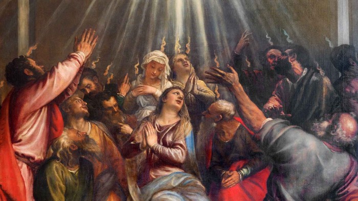 Billedet viser en religiøs scene med en gruppe af personer, der optræder i en dramatisk og spiritualisk stille.