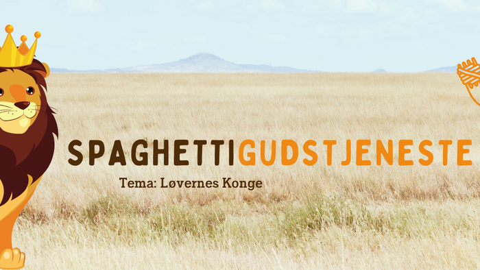 En lejon med krona og børn med flag i en åben mark