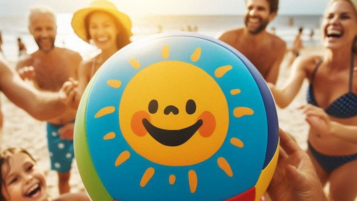 Eine Gruppe von Menschen am Strand hält einen bunten Strandball mit einem lächelnden Sonnenmotiv.