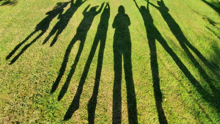 Schatten von Menschen, die in einer Reihe auf Gras stehen.