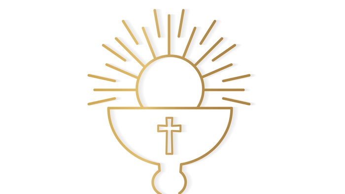 Das Bild zeigt ein goldenes Kelch-Symbol mit einem Kreuz und Strahlen.