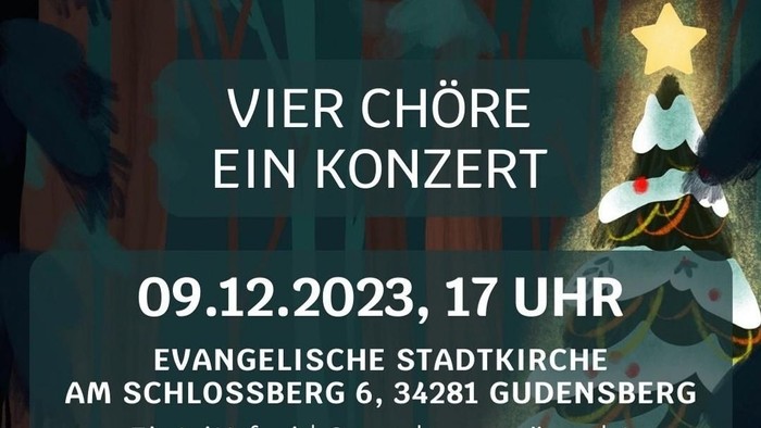 **Plakat für das Weihnachtskonzert am 9. Dezember 2023 in der Evangelischen Stadtkirche Gubensberg mit verschiedenen musikalischen Gruppen**