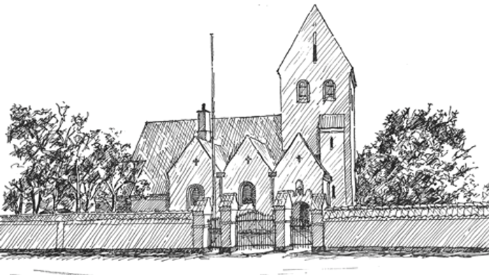 Skitse af kirke med tårn og mur.