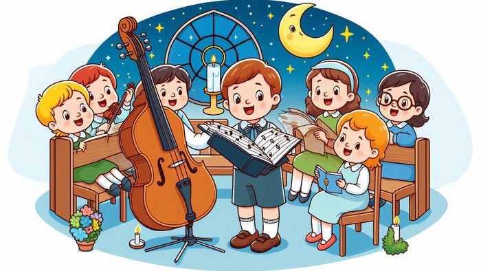 Kinder singen in einem Kirchenchor bei Mondschein