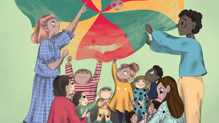 Børn og voksne danser med farverige faner og musikalske noter flyver.