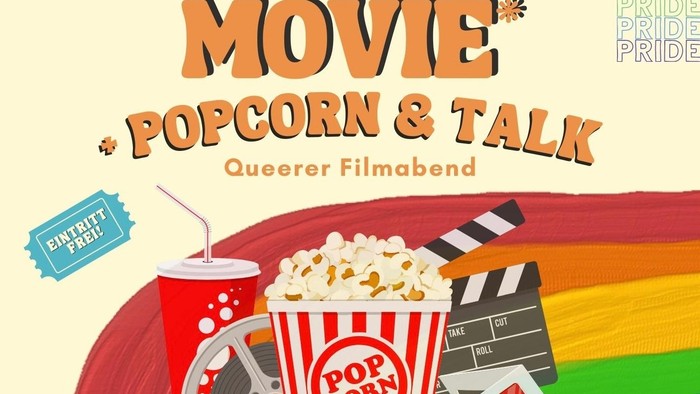 Filmplakat mit Popcorn, Limonade und Filmrollen auf Regenbogenhintergrund