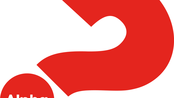 Et rødt spørgsmålstegn og et rødt sirkel med teksten "Alpha".