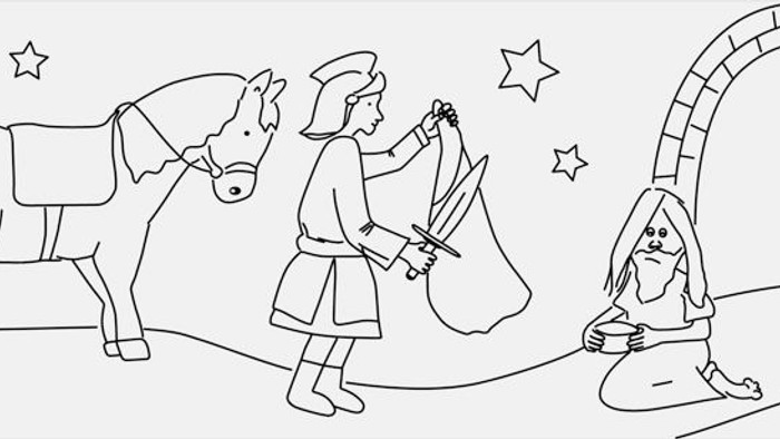 Ein Mann mit Esel und einer Frau mit Baby vor einem Tor