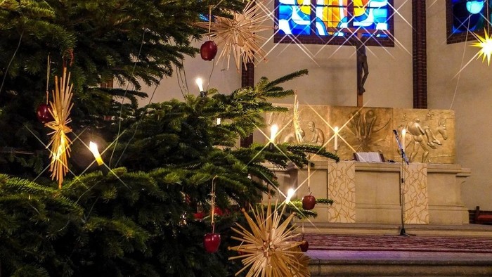 Weihnachtsdekoration in einer Kirche mit geschmückten Tannenbäumen und farbenfrohen Buntglasfenstern