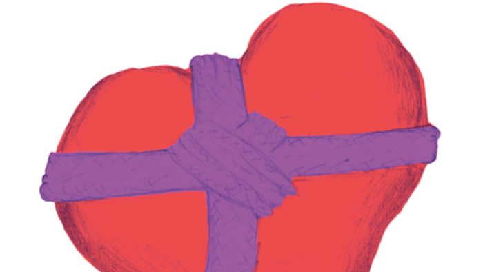 Zwei Herzen in Rot sind mit einem lila Band verbunden