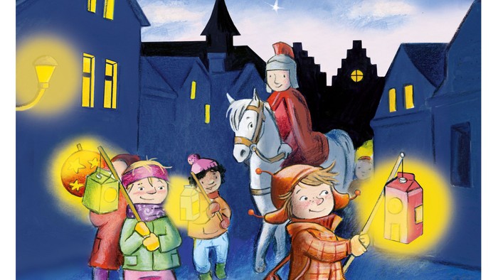 Kinder ziehen mit Laternen durch verschneiten Ort