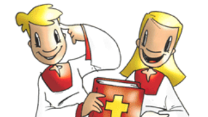 Zwei Männer in roten und weißen Gewändern halten ein Buch mit Kreuz.