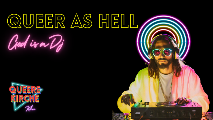 Ein DJ mit bunter Beleuchtung und Sonnenbrille steht hinter Turntables, umgeben von Neontext und Regenbogenfarben