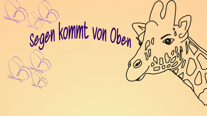 Giraffe mit Schmetterlingen und Berg