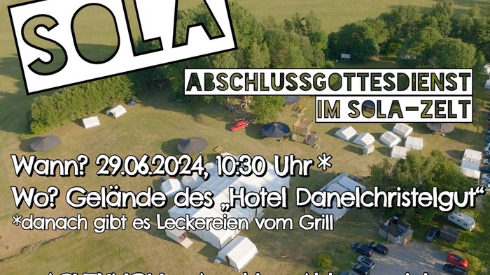Flugbild eines Campingplatzes mit Zeltaufschlag und Informationen zu einem Event am 29.06.2024 im Sola-Zelt.