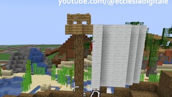 Ein Minecraft-Dorf mit einem Holzturm und einem weißen Banner, Text gibt Zeit und YouTube-Kanal an