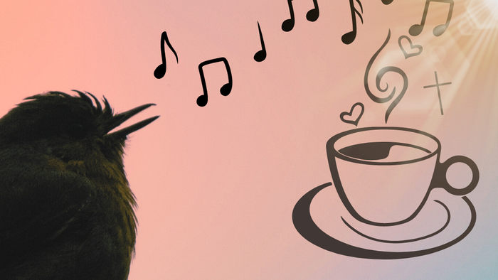 En fugl synger til en kaffekop med musiknoter
