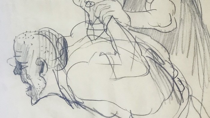 Ein Skizze zeigt eine Person, die ein großes Fischwesen mit einem Messer bearbeitet.