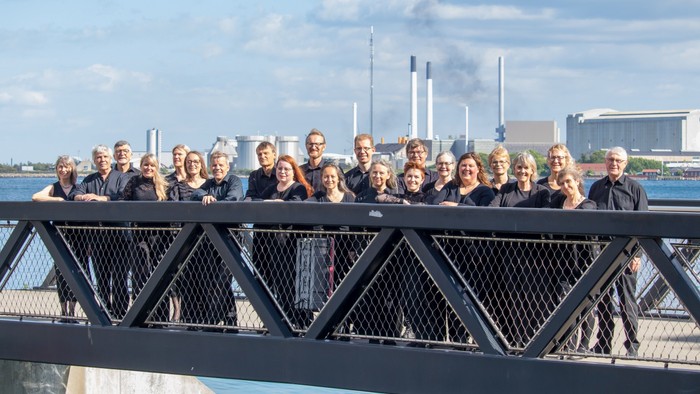 En gruppe af mennesker står sammen på en bro overvåget af en industriområde med røg.