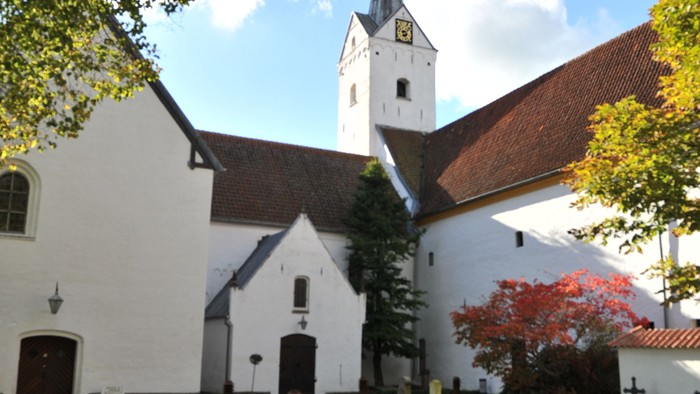 En hvid kirke med tårn og træer med faldne blade.