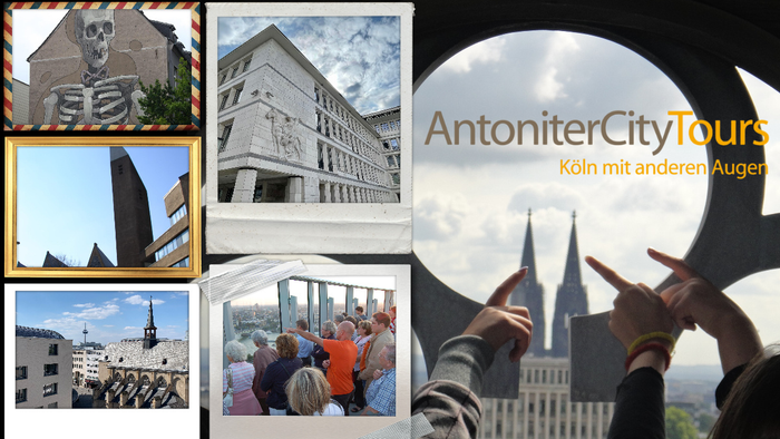 Das Bild zeigt verschiedene Sehenswürdigkeiten und Aktivitäten in einer Stadt, darunter eine Kirche, moderne Gebäude und eine Gruppe von Menschen.