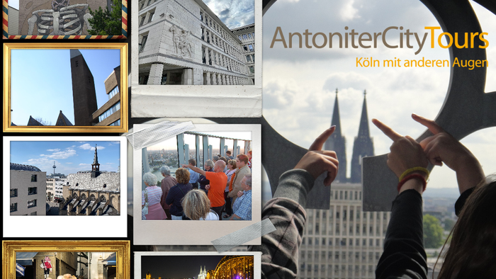 Das Bild zeigt verschiedene Sehenswürdigkeiten und Aktivitäten in einer Stadt, darunter eine Kirche, moderne Gebäude und eine Gruppe von Menschen.