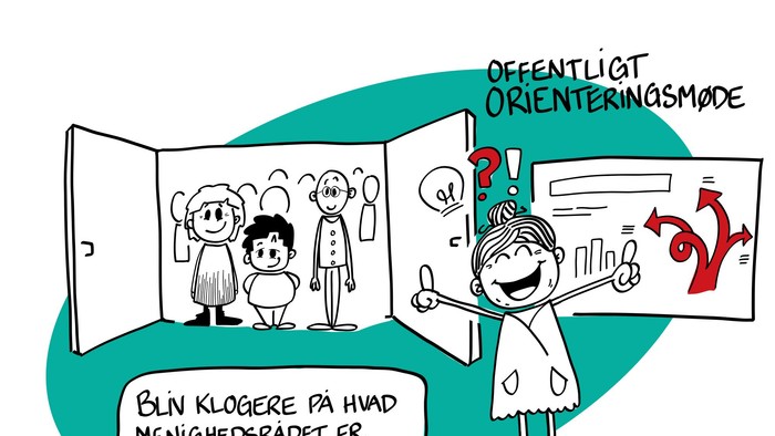 En tegning om orientering, hvor en person forklarer en graf og en anden person ser til.