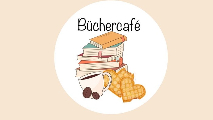 Das Logo zeigt Bücher, eine Tasse und Gebäck für eine Buchhandlung oder Café