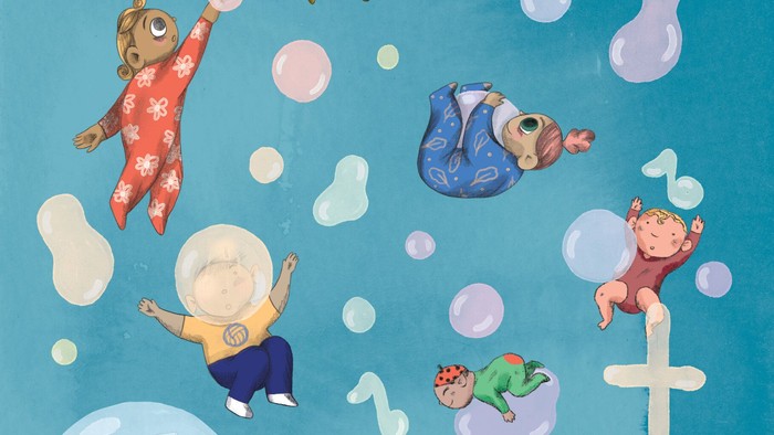 En farverig illustration med forskellige figurer og symboler på blå baggrund