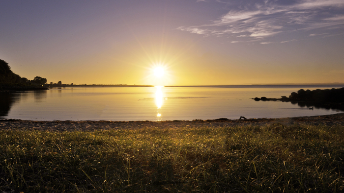 En solopgang over en sø med græsstrækninger i forgrunden