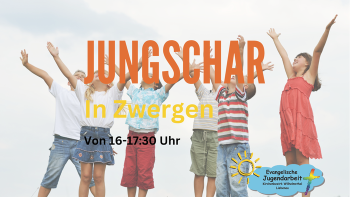 Kinder, die in die Luft springen – Veranstaltungsplakat für die **"Jungschar in Zwargen"**
von **16–17:30 Uhr**.