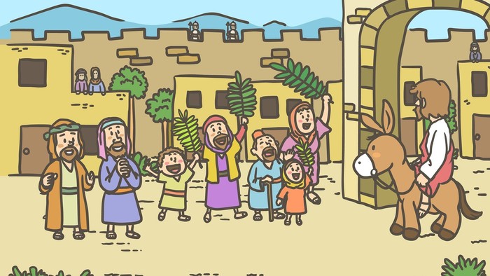 En tegning af en bibelsk scene med Jesus og en gruppe mennesker, der hyller ham, mens de går ind i en by.