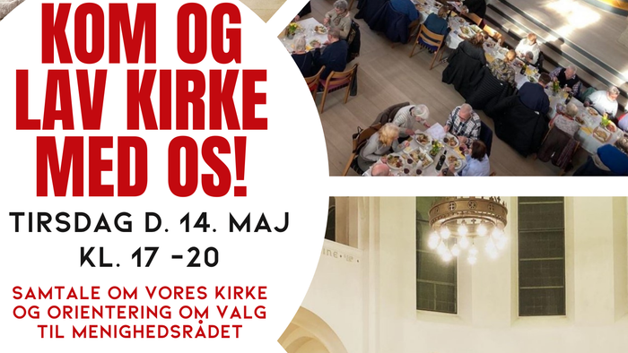 Plakat med arrangement i kirke, d. 14. maj, kl. 17-20, med tale, musik og orientering.