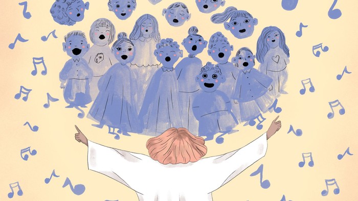 En mand med et kor af bjørnebarnere og musiknoter.