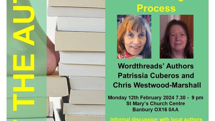 Poster for a local writers' group event featuring authors Patricia Cuberos and Chris Westwood-Marshall