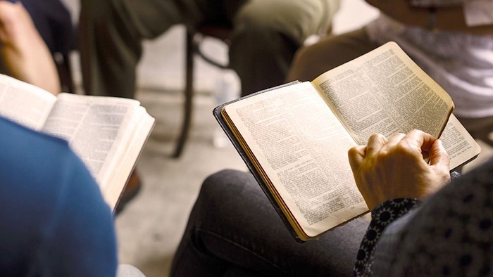 Person liest in einem Buch, umgeben von anderen Lesenden