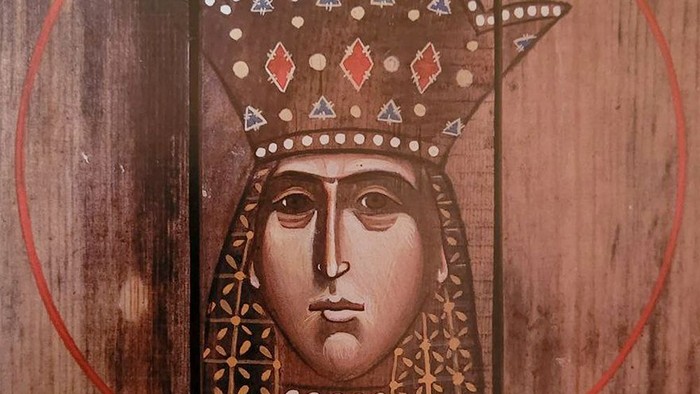 Das Bild zeigt eine gemalte Darstellung einer Frau mit Krone.