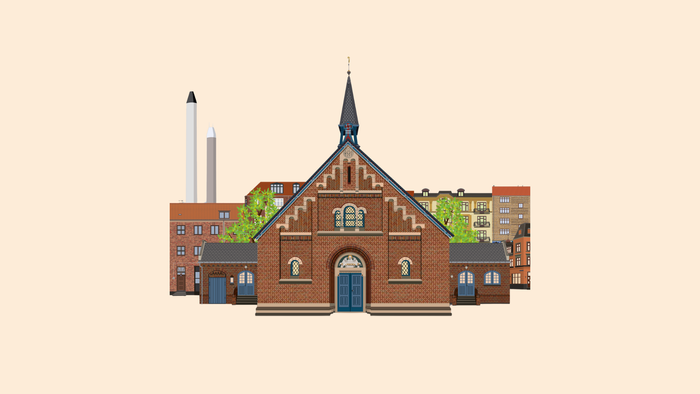 Illustret bygt kompleks med kirke og højhuse