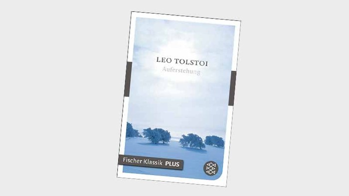 Das Buchcover zeigt "Leo Tolstoi: Auferstehung" mit einem Bild von Bäumen vor einem hellen Himmel