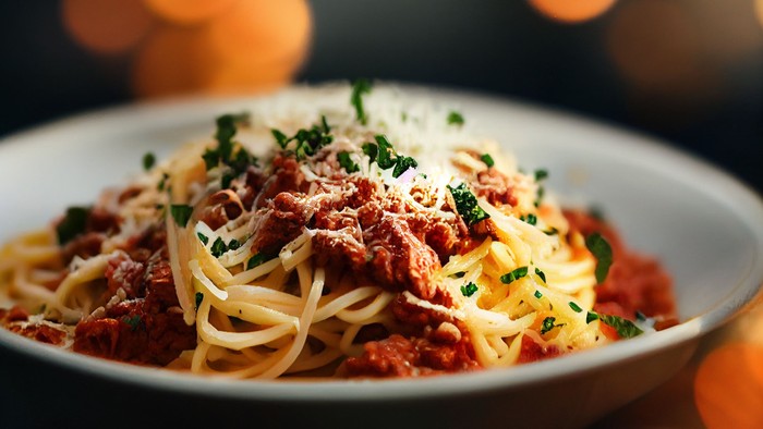Tallerken med spaghetti og kødsovs pyntet med revet ost og persille