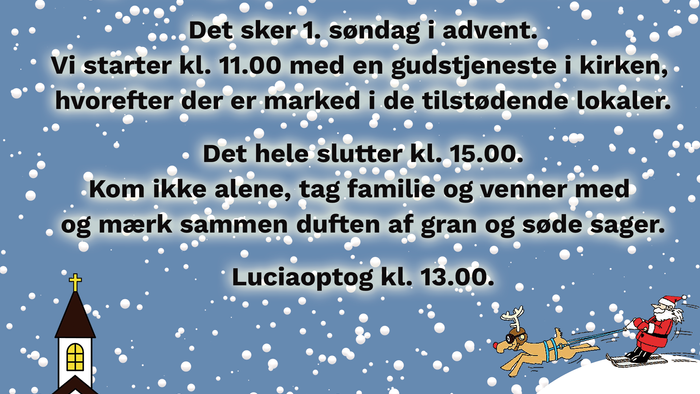 Flyer for julemarked i Hundige kirke med aktiviteter og luciaopprog.