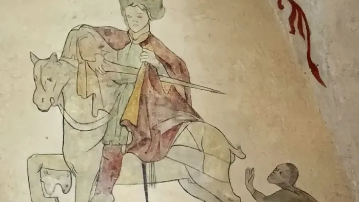 Ein Ritter zu Pferd richtetes Schwert auf eine kauernde Gestalt.