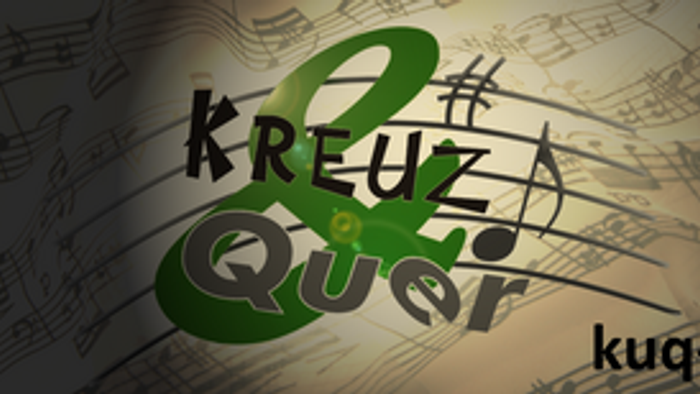 Das Bild zeigt den Namen "Kreuz Quer" auf Notenpapier mit der Website "kuq-hagen.de".