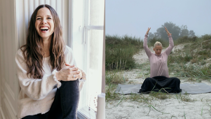 En kvinde i hvid trøje sidder ved en vindueskarm og en anden kvinde sidder på en sandstrand med arme i luften