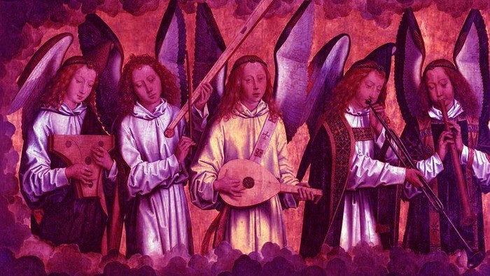 En gruppe engle spiller musik i himlen