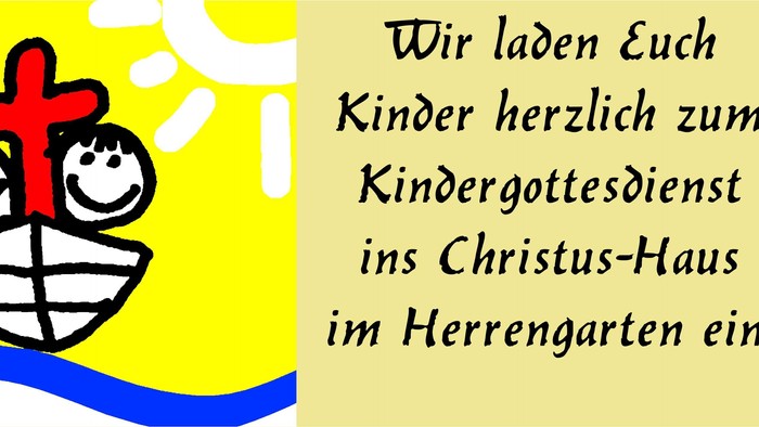 Ein Kind mit Kreuz und Sonnenbrille, Text: Wir laden Euch Kinder herzlich zum Kindergottesdienst ins Christus-Haus im Herrengarten ein.