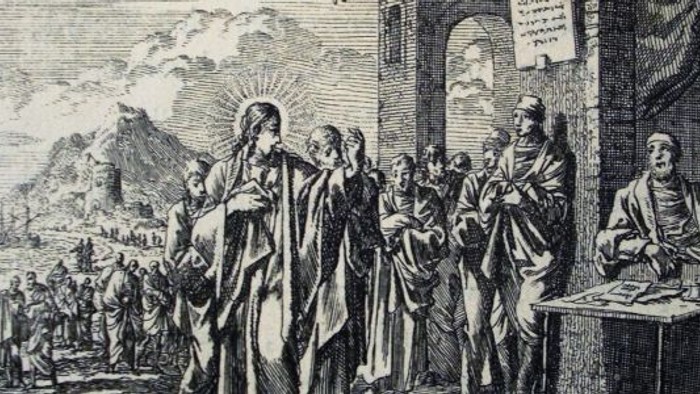 En gruppe af religiøse figurer i en historisk scene, muligvis fra Bibelen.