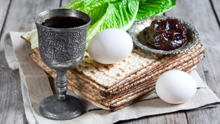 Passover Seder plate with matzah, wine, eggs, and charoset